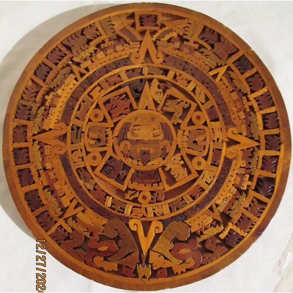 Aztec Mayan inlaid mosaic wood calendar Adrian Jurado signed paperwork gallery - Picture 1 of 8